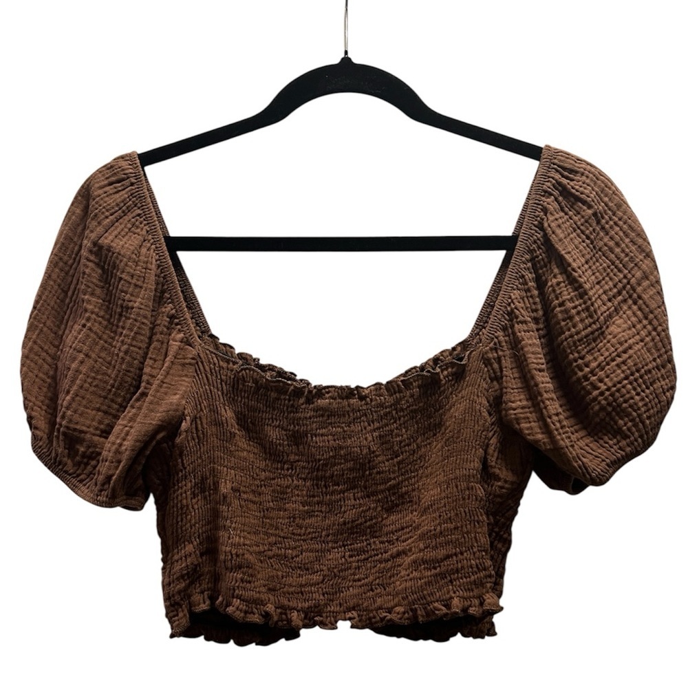 Altar’d State Puff Sleeve Ruched Brown Crop Top- Size L - Picture 2 of 4